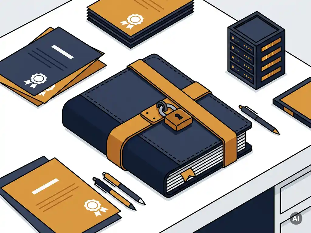 Leren beveiligingsmap met hangslot op bureau, omringd door certificeringsdocumenten en serverrack, vlakke vectorillustratie.