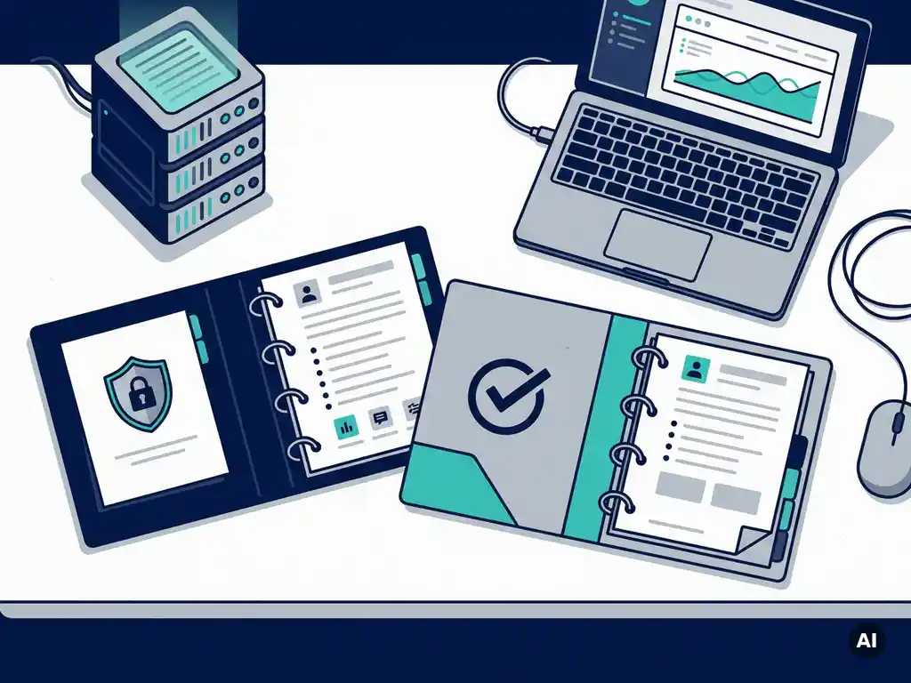 Twee open certificeringsbinders op een modern bureau, één met beveiligingsschild en één met kwaliteitsvinkje, naast een servermodel en laptop.