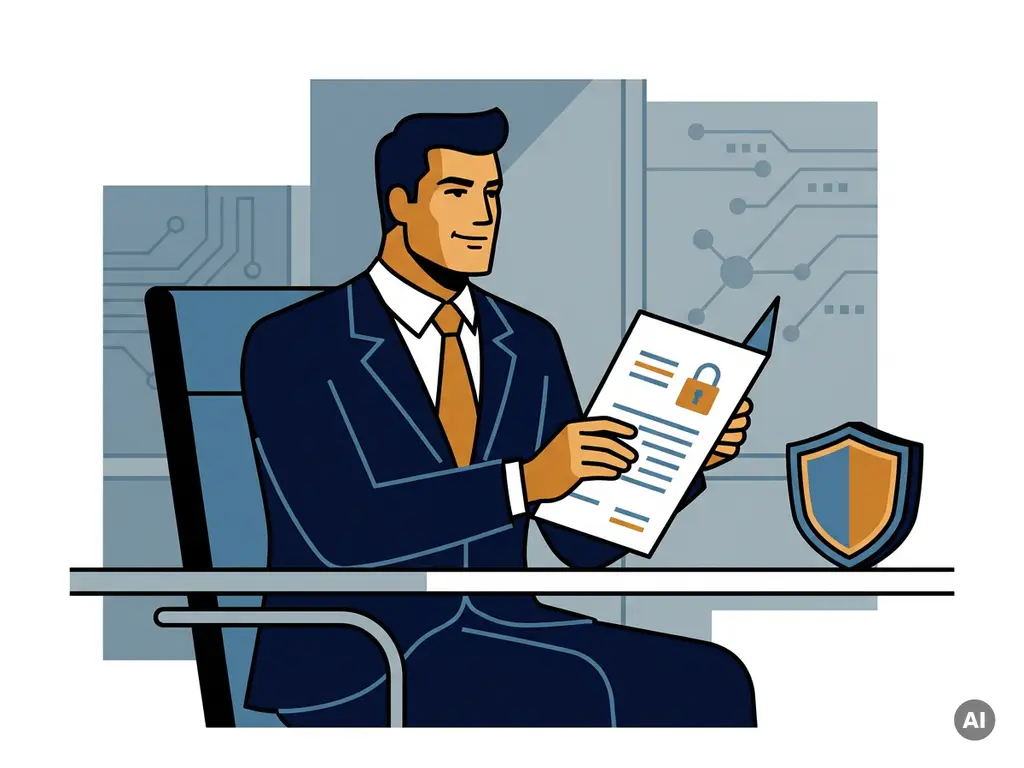 Bedrijfsleider in maatpak bestudeert compliance-document aan modern bureau met beveiligingsschild, zakelijke cybersecurity context.