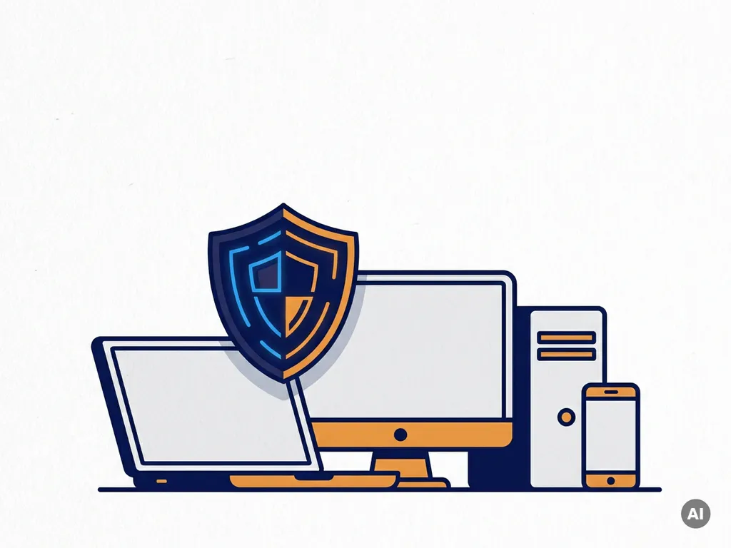 Digitaal schild dat laptop, desktop en smartphone op wit bureau beschermt, flat vector illustratie in marineblauw en oranje.