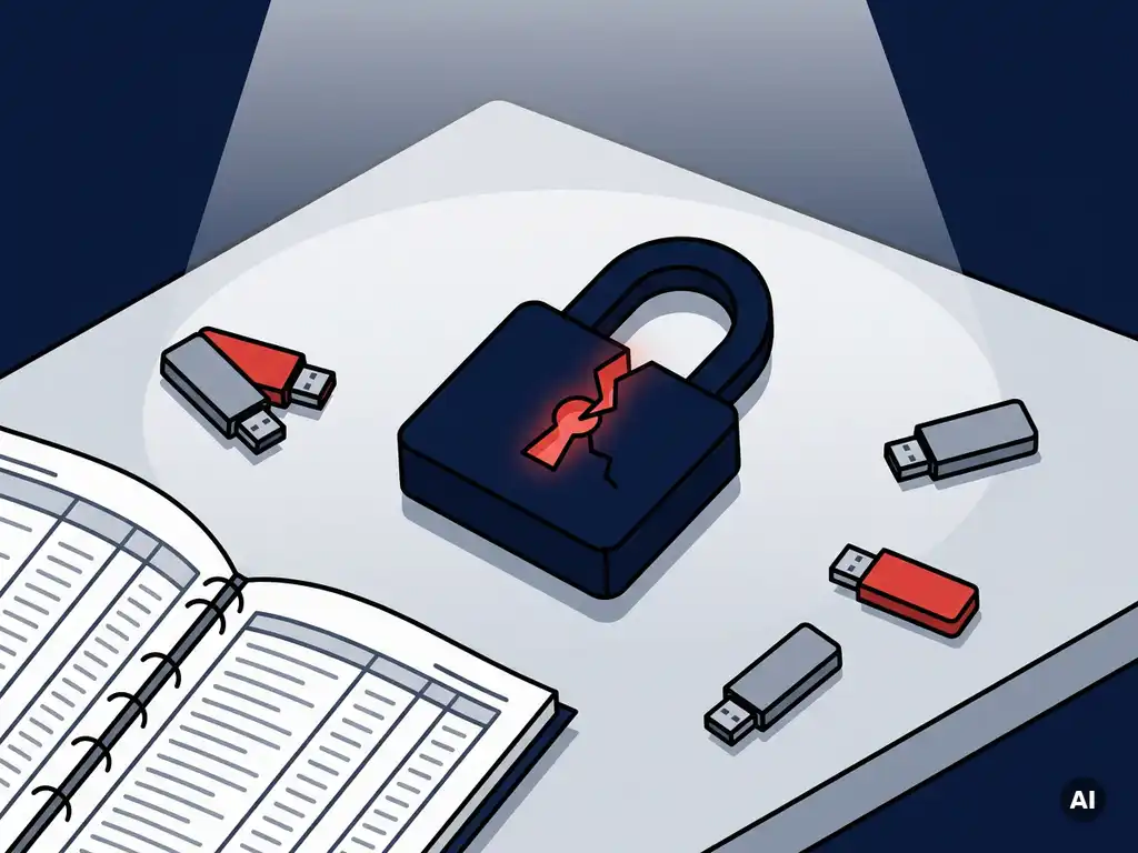 Gebarsten digitaal hangslot op kantoorbureau met verspreid liggende USB-sticks en een bedrijfsadministratie, cybersecurity dreigingssfeer.