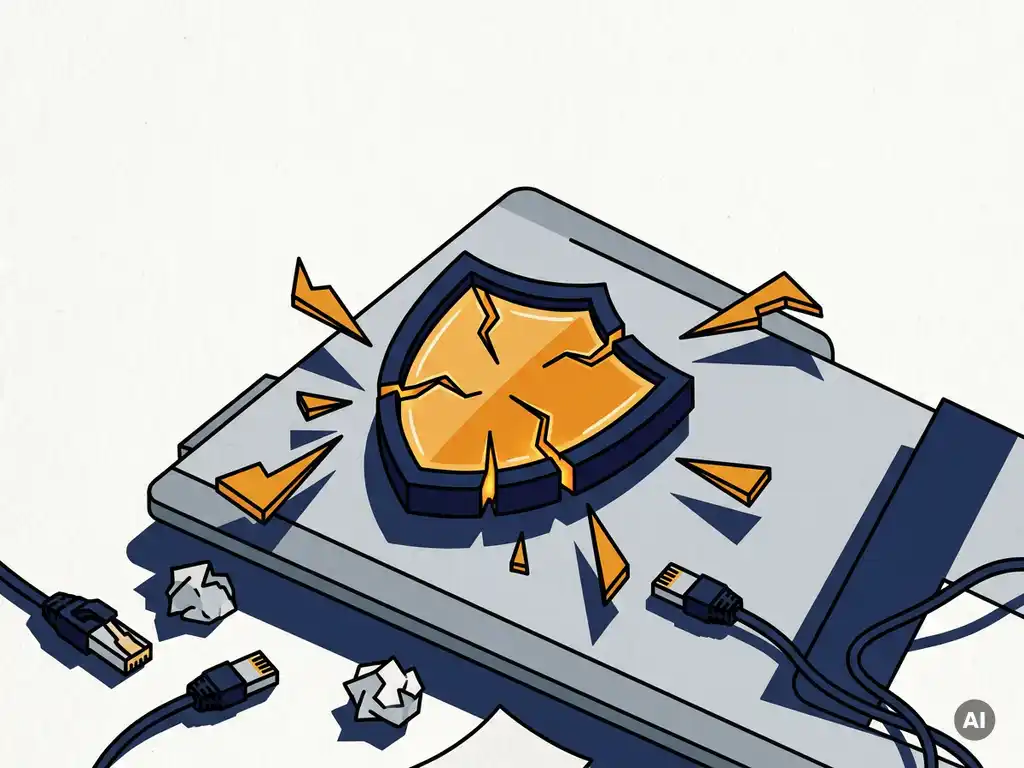 Gebarsten digitaal schild op modern bureau met verstrooide netwerkkabels, in marine en amber tinten die cyberbeveiliging kwetsbaarheid symboliseren.
