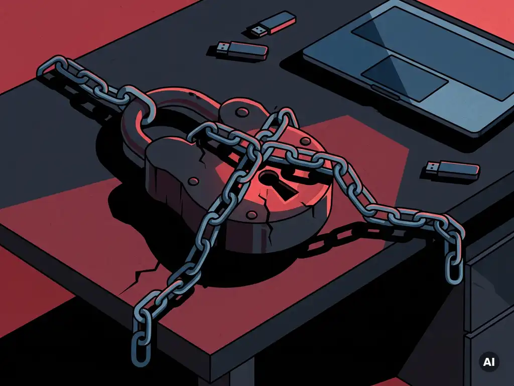 Gebarsten ijzeren hangslot omwikkeld met kettingen op donker bureau, rood gloeien zichtbaar, USB-sticks en laptop op achtergrond.