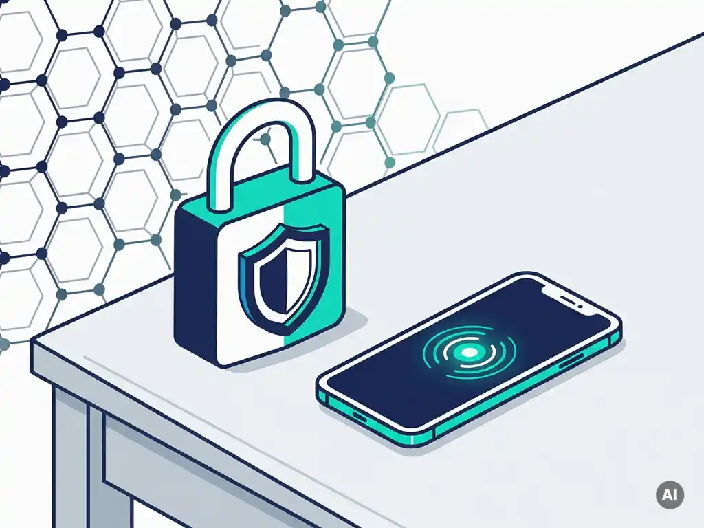 Hangslot met gelaagd schild naast smartphone met groen bevestigingssignaal op bureau, honingraatnetwerk op achtergrond in marineblauw en teal.