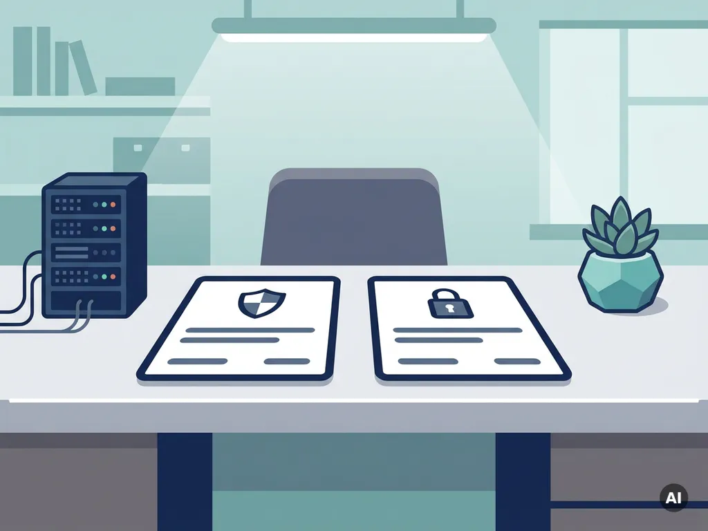Twee juridische documenten met schild- en slotemblemen op een modern bureau, naast een serverrack en succulent.