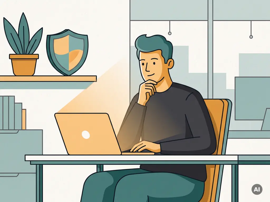 Kantoormedewerker aan opgeruimd bureau met gloeiend laptopscherm en beschermend schild, vlakke vectorillustratie in teal en amber tinten.