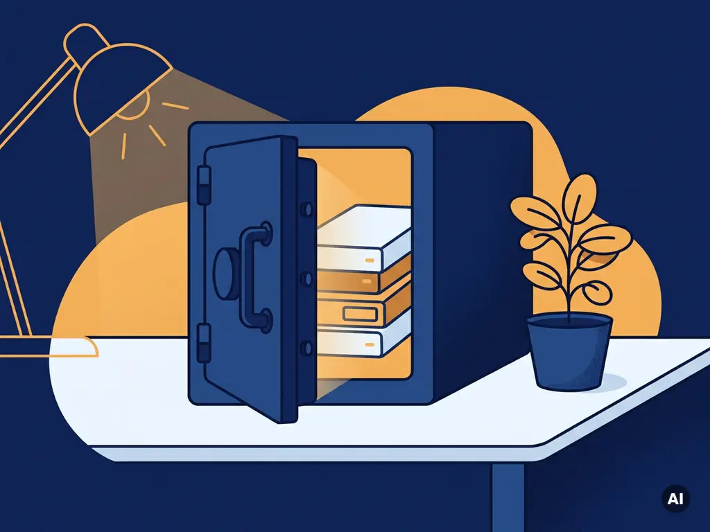 Stalen kluisdeur op een kier met gloeiende datadrives, op modern bureau naast kamerplant, vectorillustratie in marineblauw en amber.