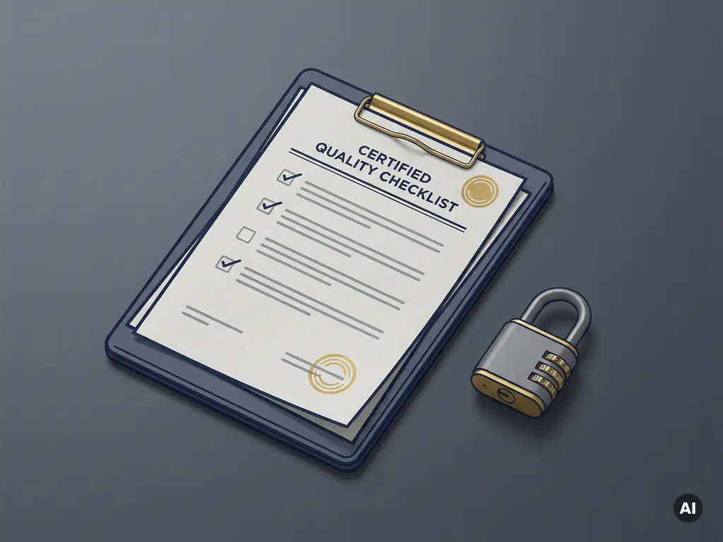 Kwaliteitschecklist op klembord naast een combinatieslot op modern bureau, symboliseert gecertificeerde beveiligingsnormen.
