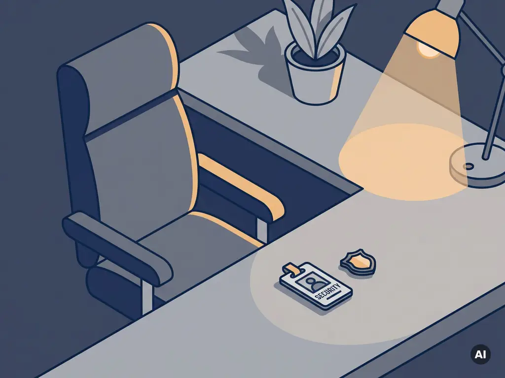Leeg directiestoel aan modern bureau met beveiligingsbadge en schildvormig object in marineblauw en leisteen tinten.
