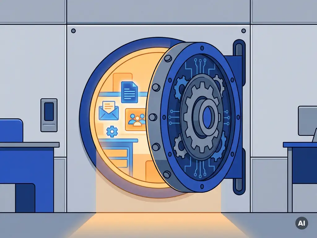 Digitale kluisdeur op een kier met gloeiende Microsoft 365-werkruimte erin, vlakke vectorillustratie in kobaltblauw en amber.