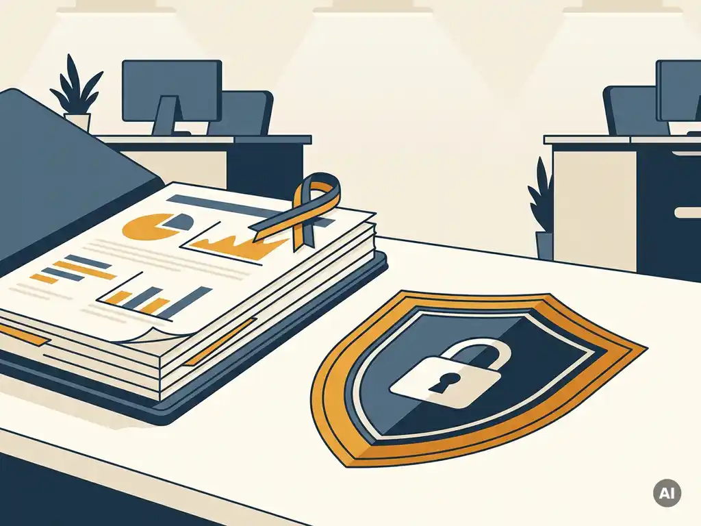 Open compliance-map op bureau naast beveiligingsschild met EU-lint, in een modern IT-kantoor met blauw-amberkleurig kleurenpalet.