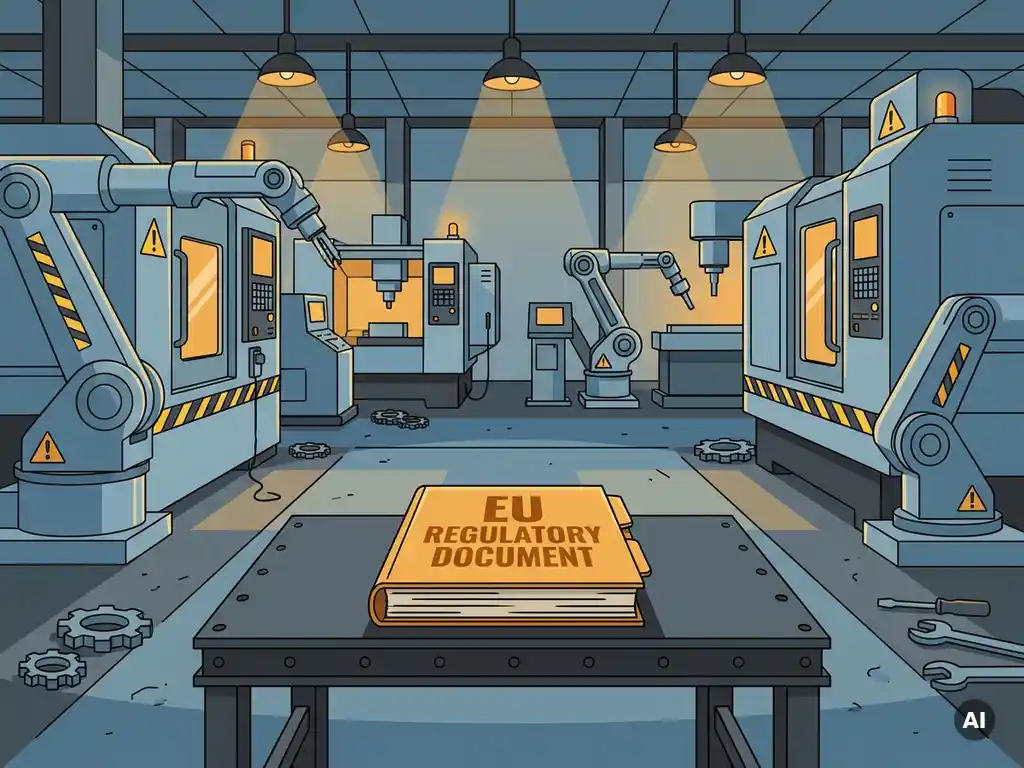 Industriële robotarmen en CNC-machines op Nederlandse fabrieksvloer met EU-regelgevingsmap op stalen werkbank.