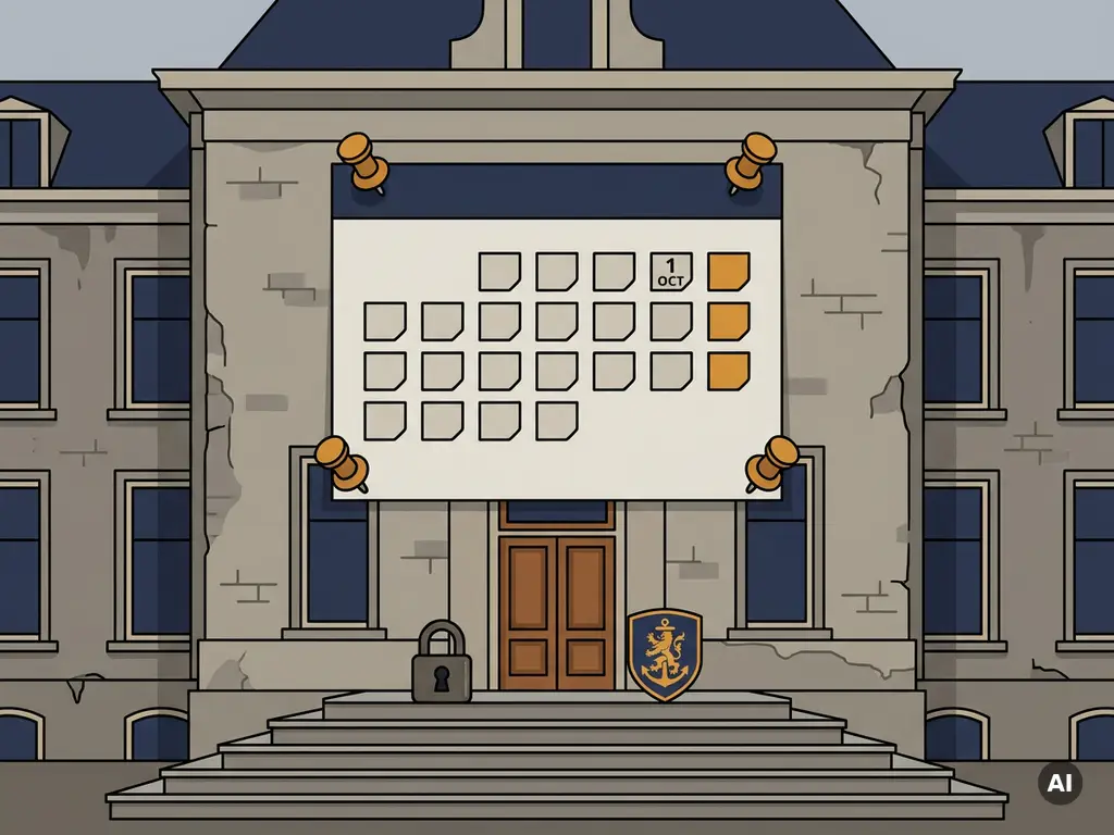 Hollands overheidsgebouw met kalenderblad aan de gevel en een hangslot met schildembleem op de trap, vlakke vectorillustratie.