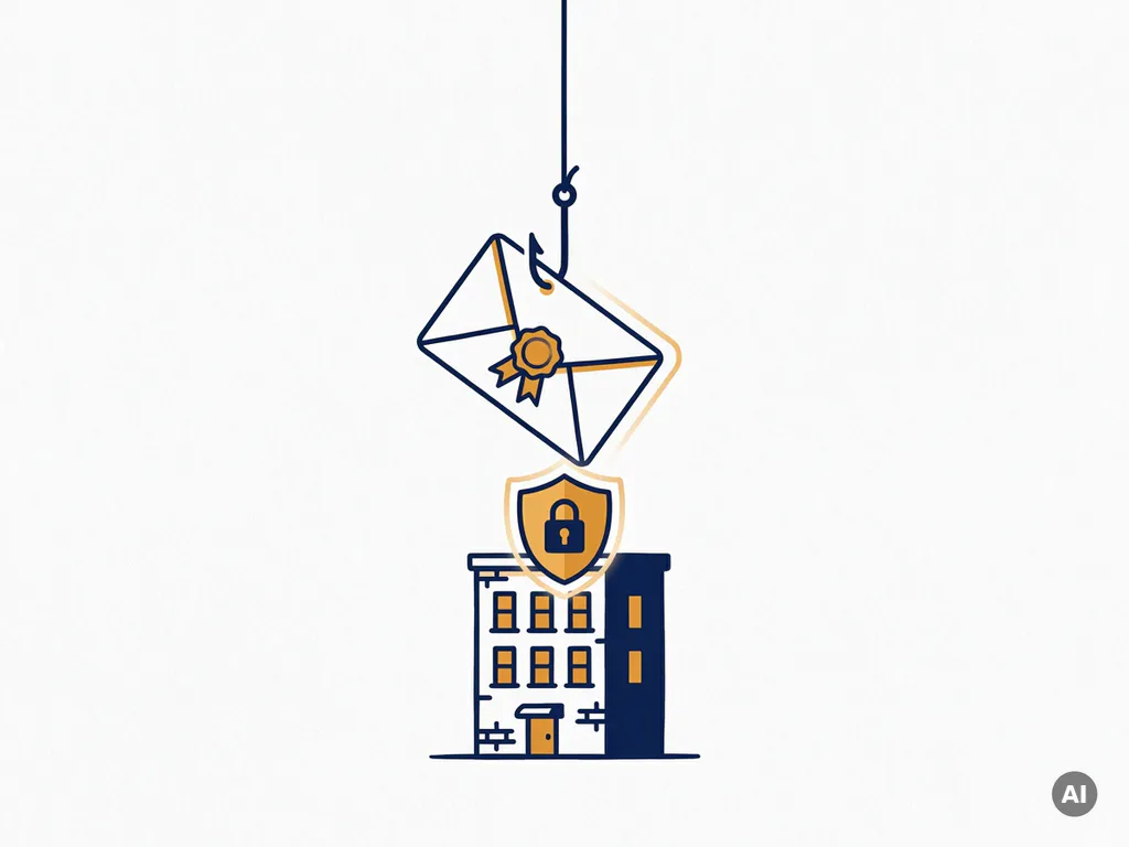 Phishing-aanval gesymboliseerd door een vishengel met officiële envelop boven kantoorgebouw, afgeweerd door een schildpictogram met slot.
