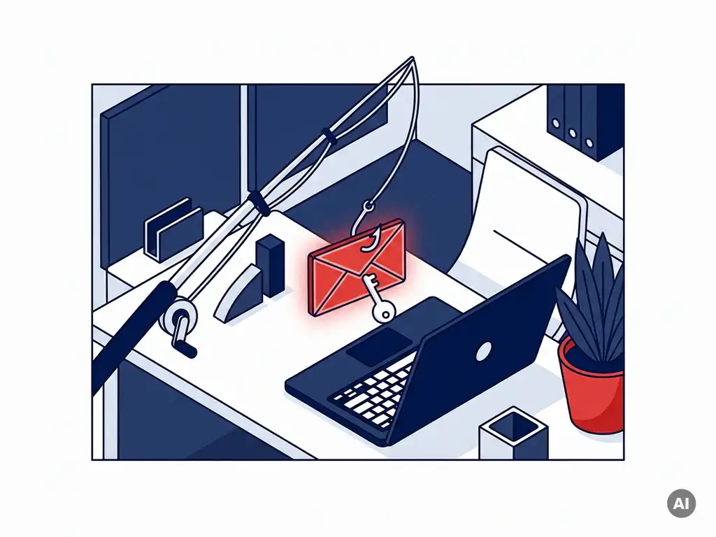 Vishaak met gloeiend e-mailpictogram als aas boven laptop, symboliseert phishing-aanval op mkb-kantoor.