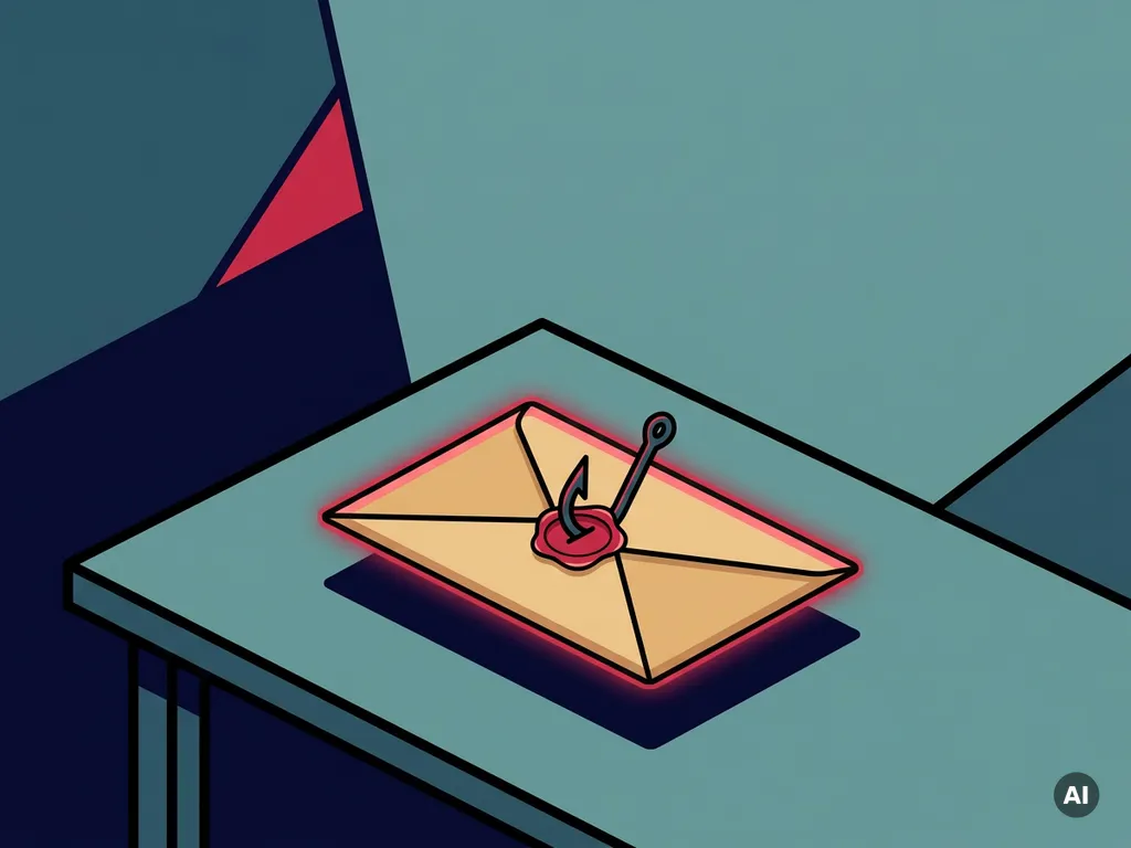 Verdacht glowend envelop op kantoorbureau met een vishaak door het zegel, in vlakke vectorstijl met marine, teal en karmozijn.