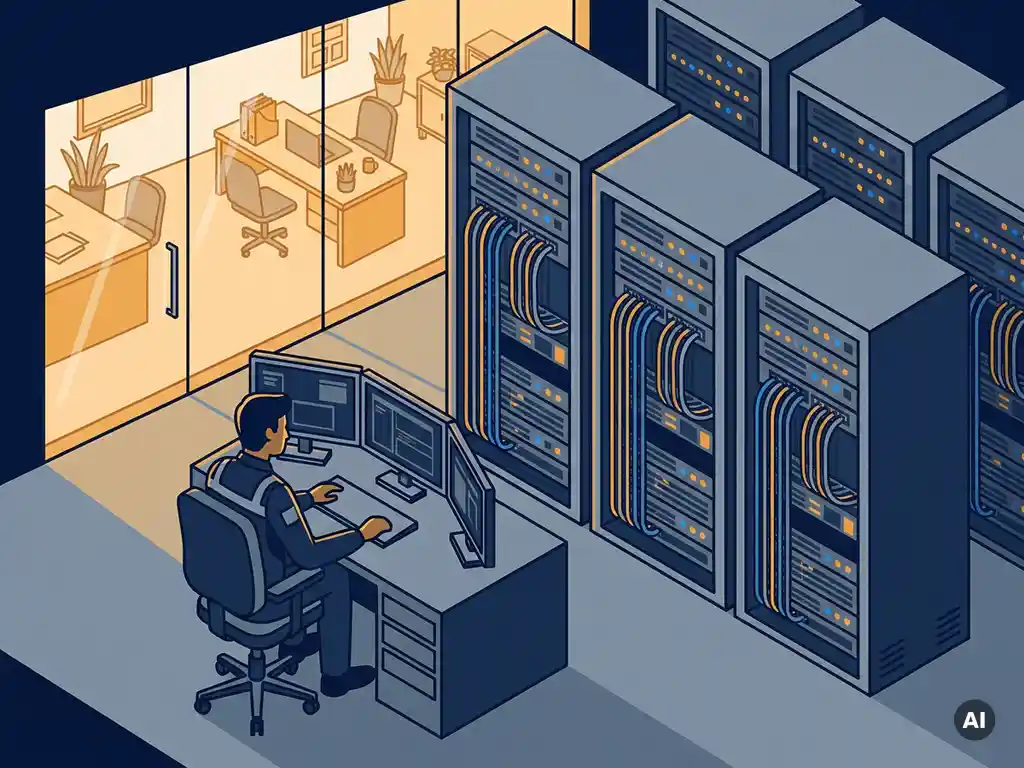 Technicus bewaakt serverracks in modern datacenter met georganiseerde kabels en knipperende indicatielampjes, kantoor zichtbaar op achtergrond.