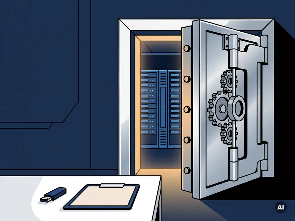 Stalen kluisdeur op een kier in serverruimte met blauwe rackservers, USB-stick en klembord op voorgrond bureau.