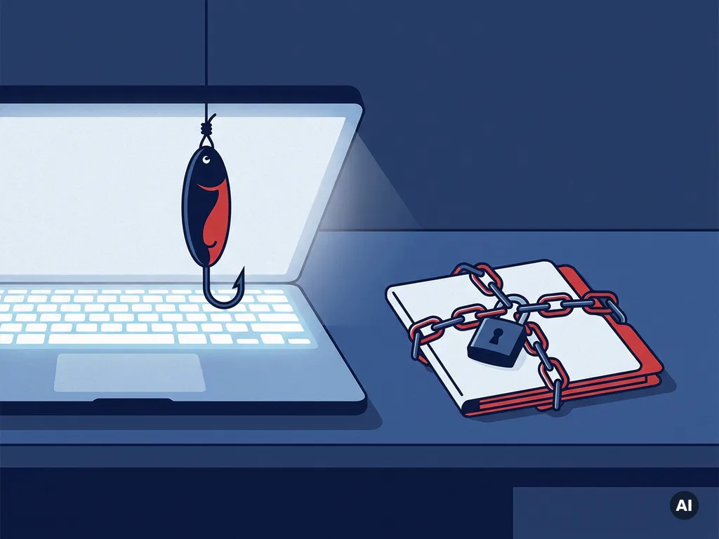 Vishhaak boven verlicht laptoptoetsenbord naast map met hangslot en ketting, symbolen voor phishing en gegevensbeveiliging.