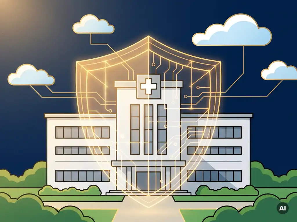 Ziekenhuis omgeven door digitaal beveiligingsschild met netwerklijnen naar cloud-iconen, vlakke vectorillustratie in marineblauw, wit en goud.