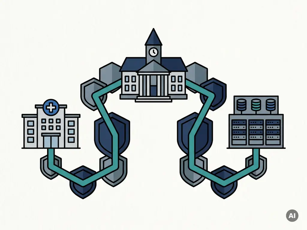 Keten van hexagonale beveiligingsschermen die een ziekenhuis, gemeentehuis en serverruimte verbinden in een navyblauw netwerk.