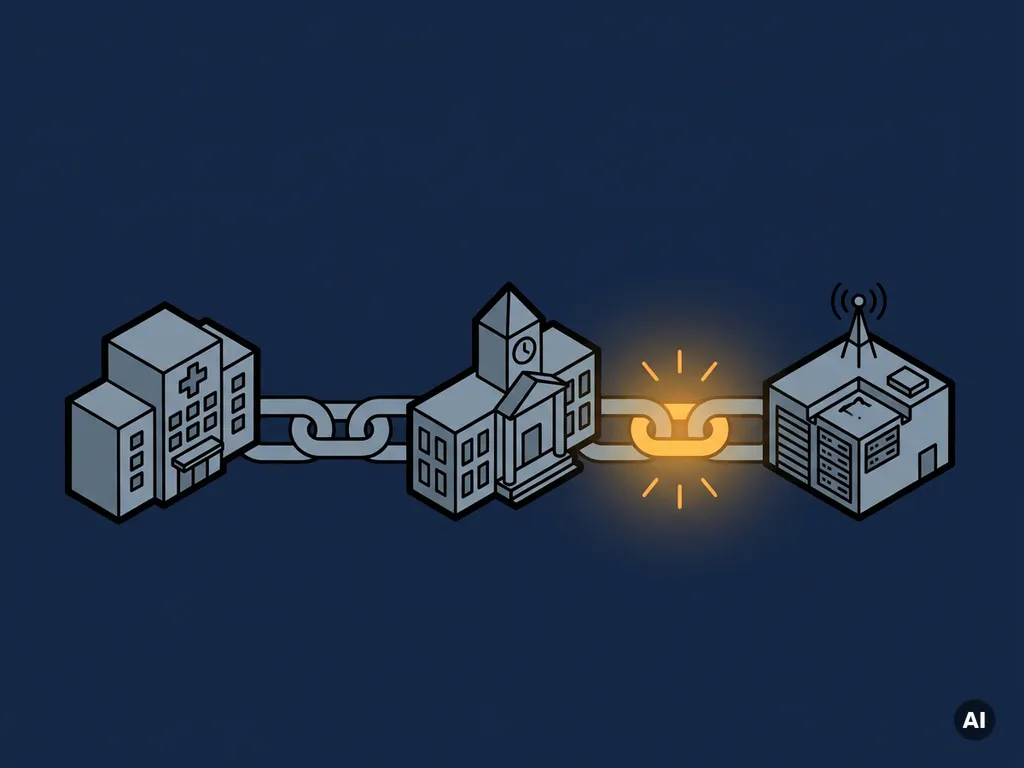 Isometrische illustratie van ziekenhuis, gemeentekantoor en serverruimte verbonden door een ketting met een gloeienде amber schakel als kwetsbaarheidssignaal.